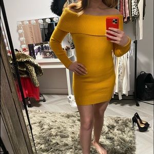 MUSTARD OFF SHOULDER SWEATER DRESS